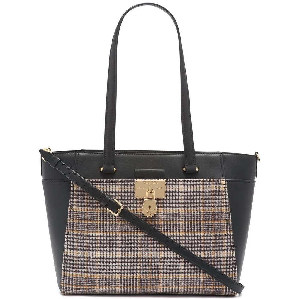 Calvin Klein Camille Organizational Daytona Tote Black Plaid Tweed Handbag
